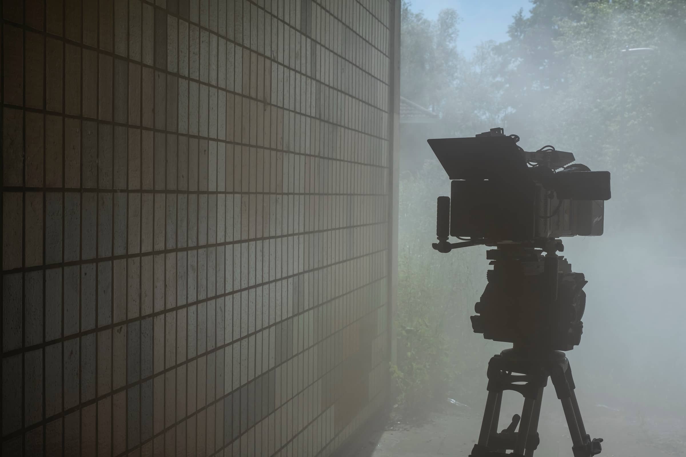 A professional film camera on a tripod on set at the Screen Northants studio